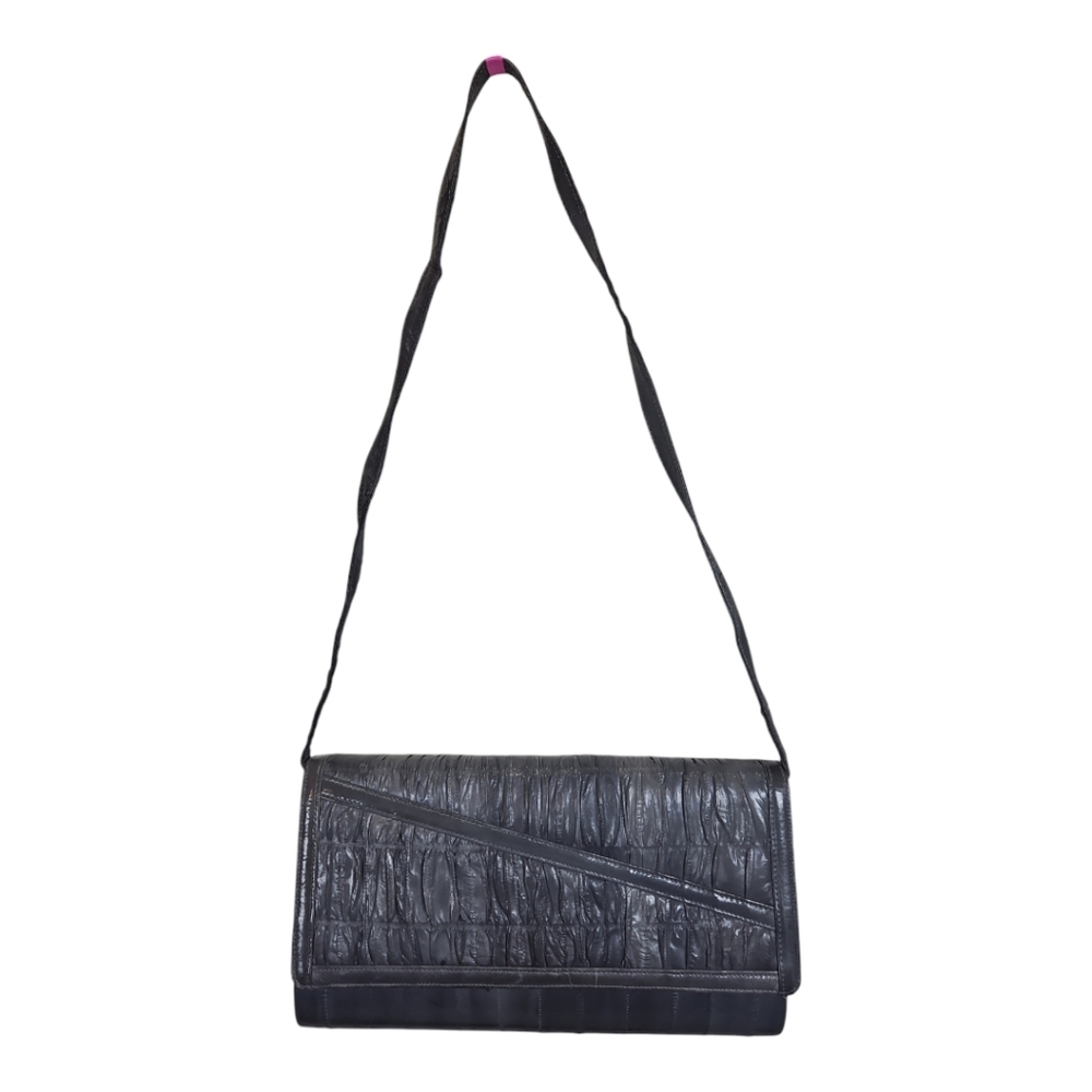 Vintage Gray Eel Skin Leather Clutch Or Shoulder Bag Purse W/ Matching Wallet - Picture 2 of 11